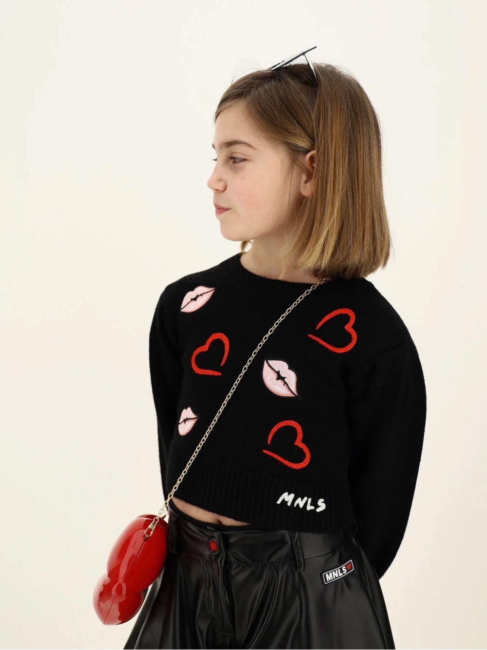 Monnalisa Girls Wool Hearts and Lips Knit Sweater, Black, 10Y